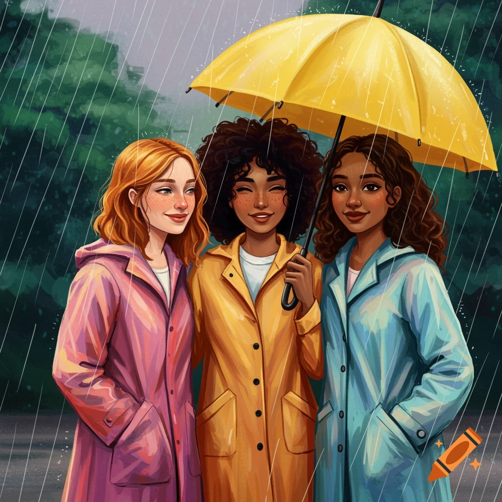 Three women in raincoats are under a yellow umbrella in the rain.