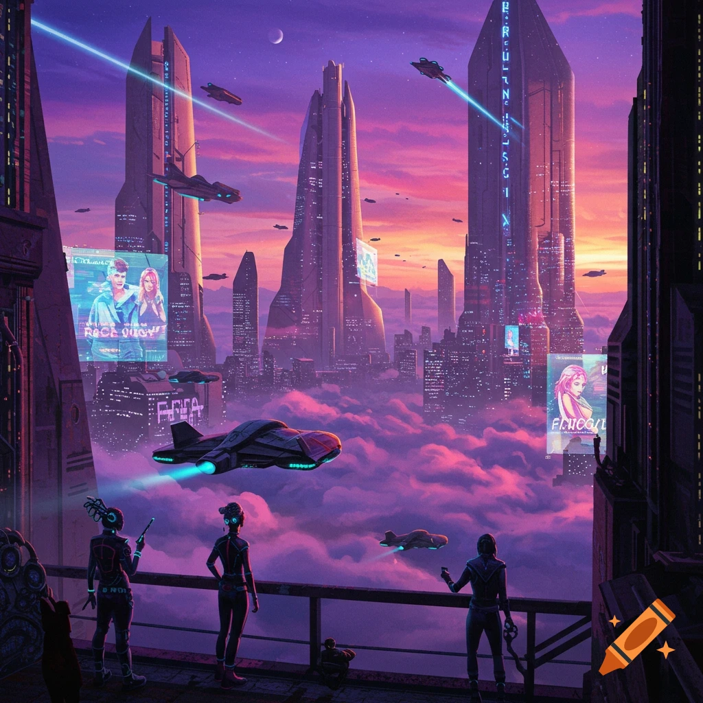 A futuristic city at sunset with flying vehicles and people on a balcony.