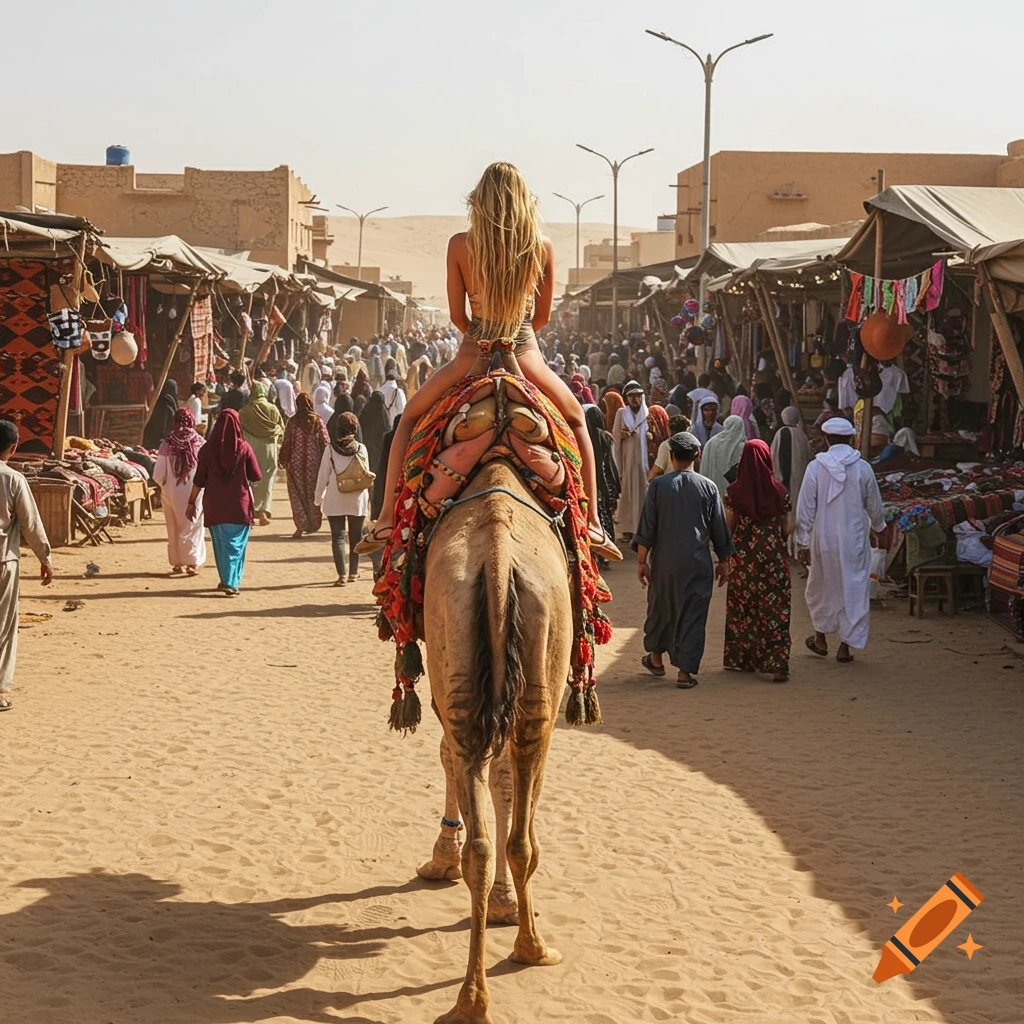 A woman rides a camel through a crowded market street in a desert town.