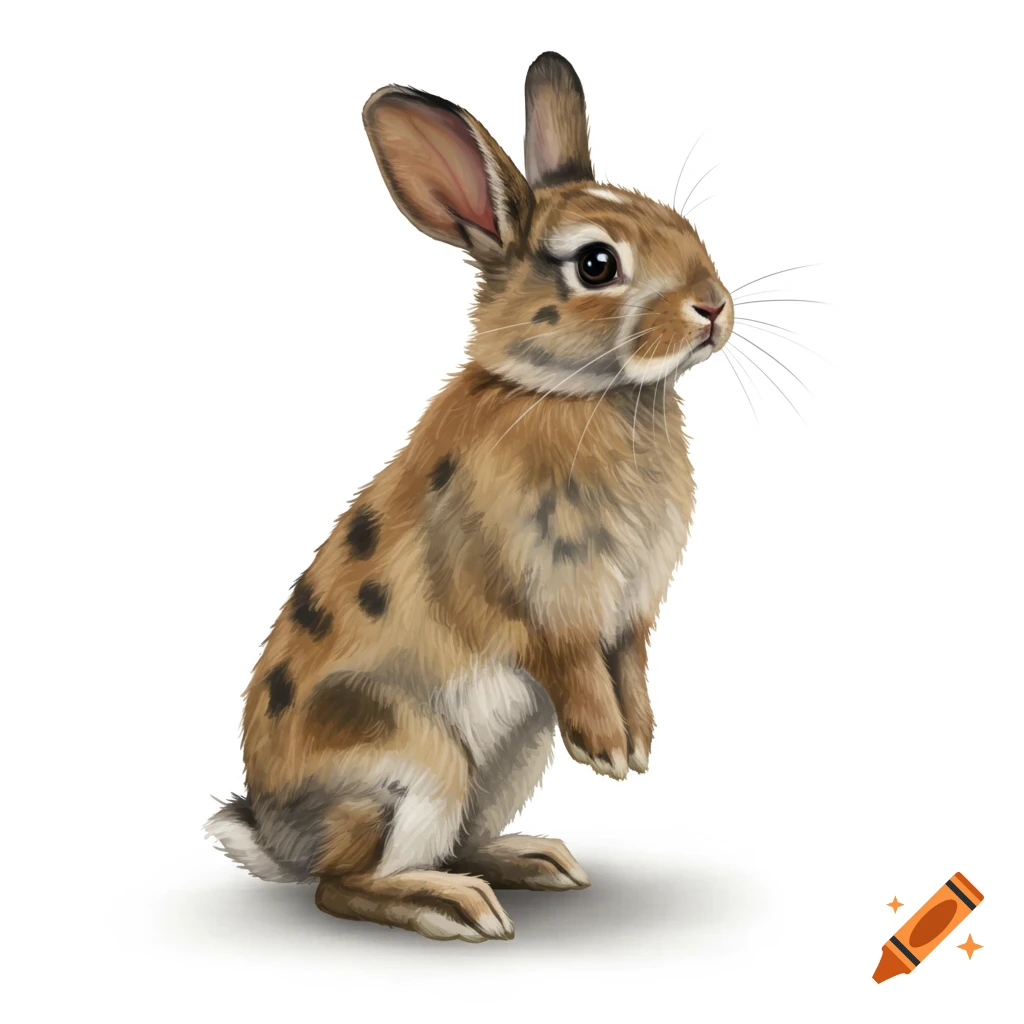A brown and white rabbit with black spots is standing on its hind legs.