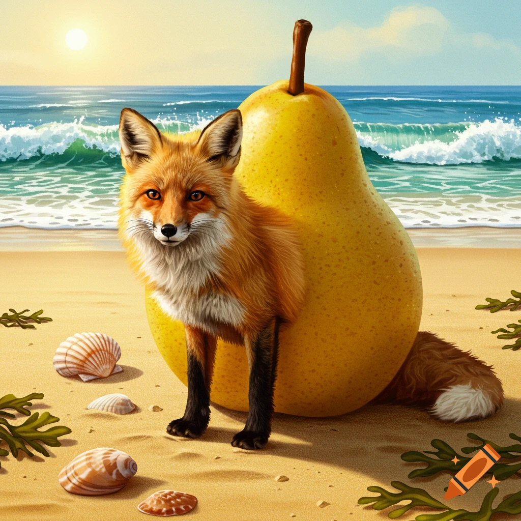 A creature that is a hybrid of a fox and a giant pear is on a sunny beach with seashells and ocean waves.