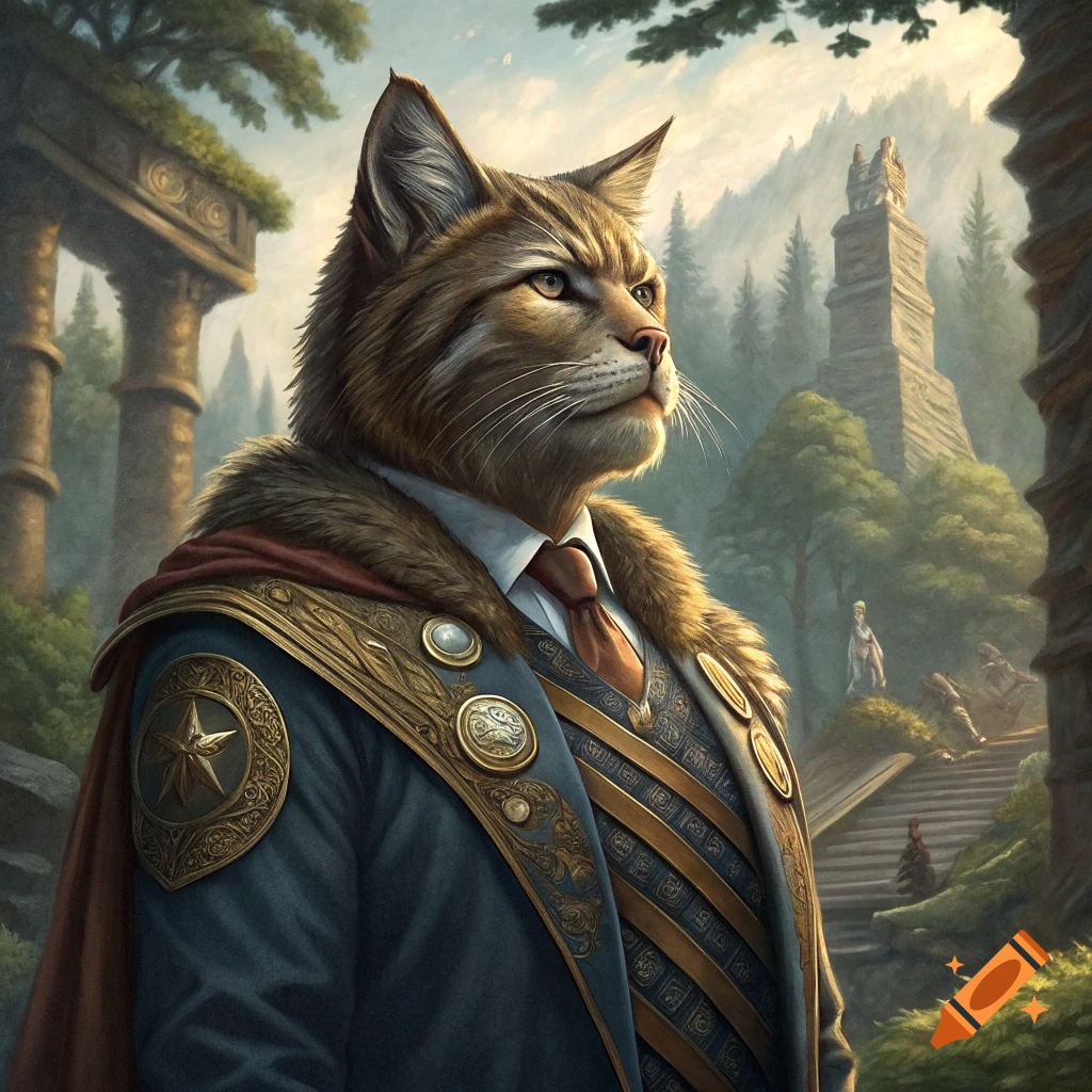 Anthropomorphic cat in a suit and cape stands in a fantasy landscape with ruins.