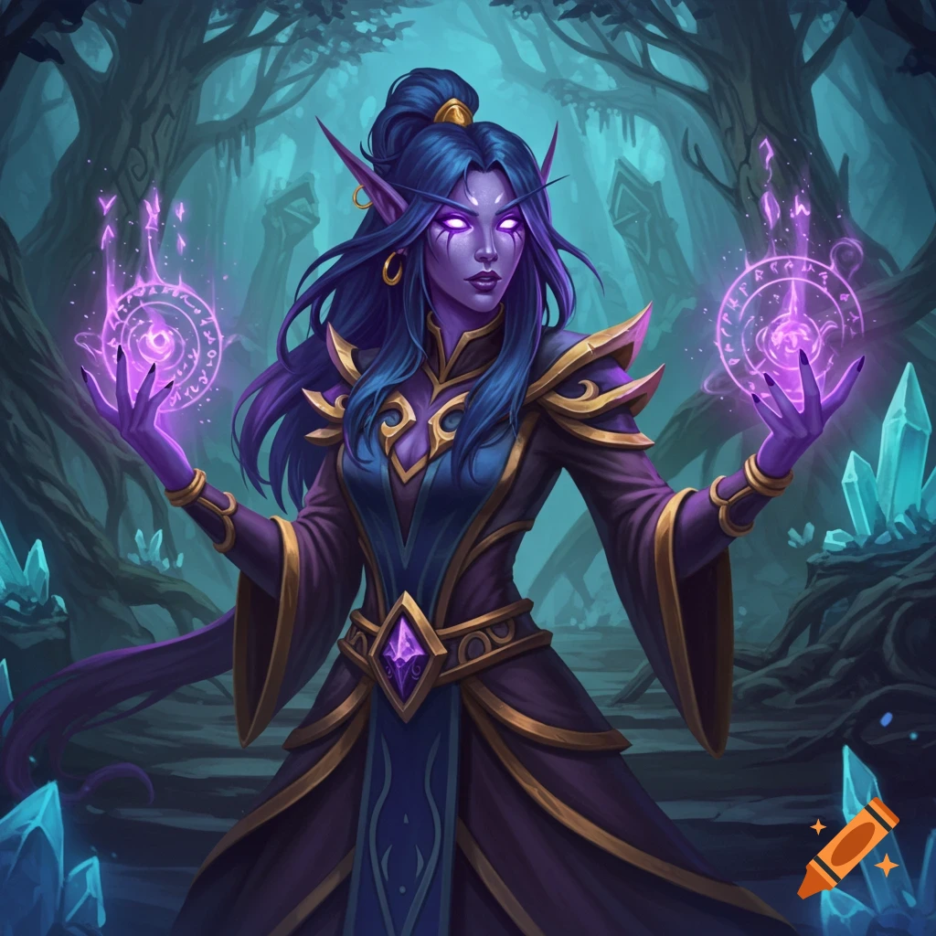 A fantasy character, a purple-skinned elf mage, casting purple magic spells in a forest.