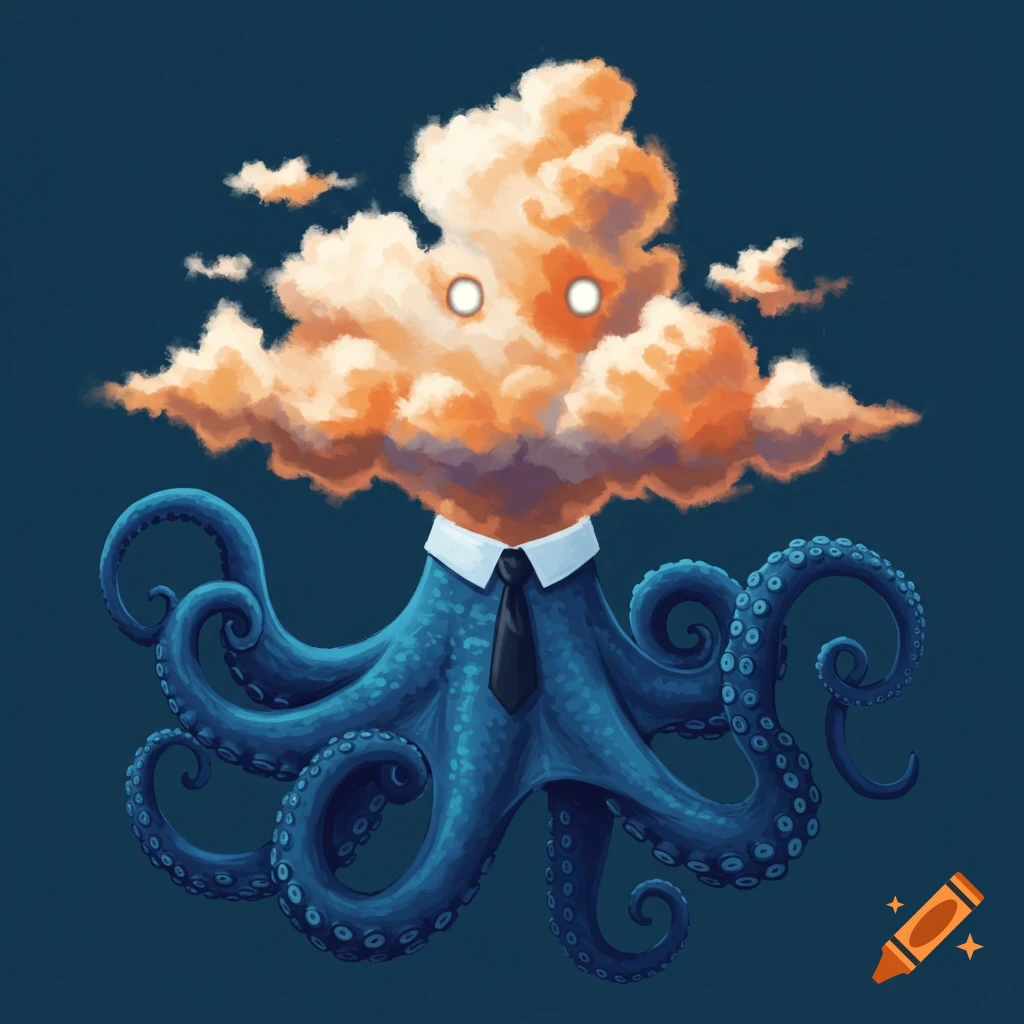 A blue octopus wearing a shirt and tie, with an orange cloud for a head.