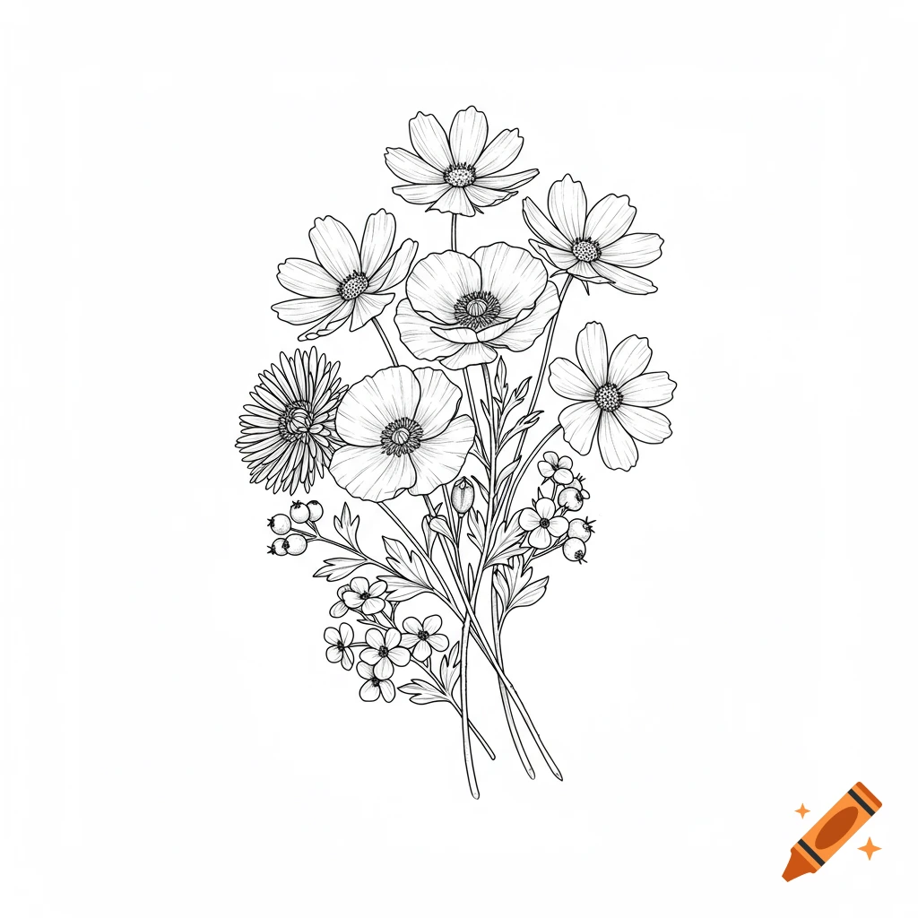 Black and white line drawing of a bouquet of flowers in a fine line style.