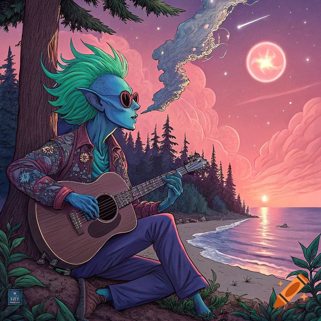 An alien with green hair plays an acoustic guitar on a beach at sunset.