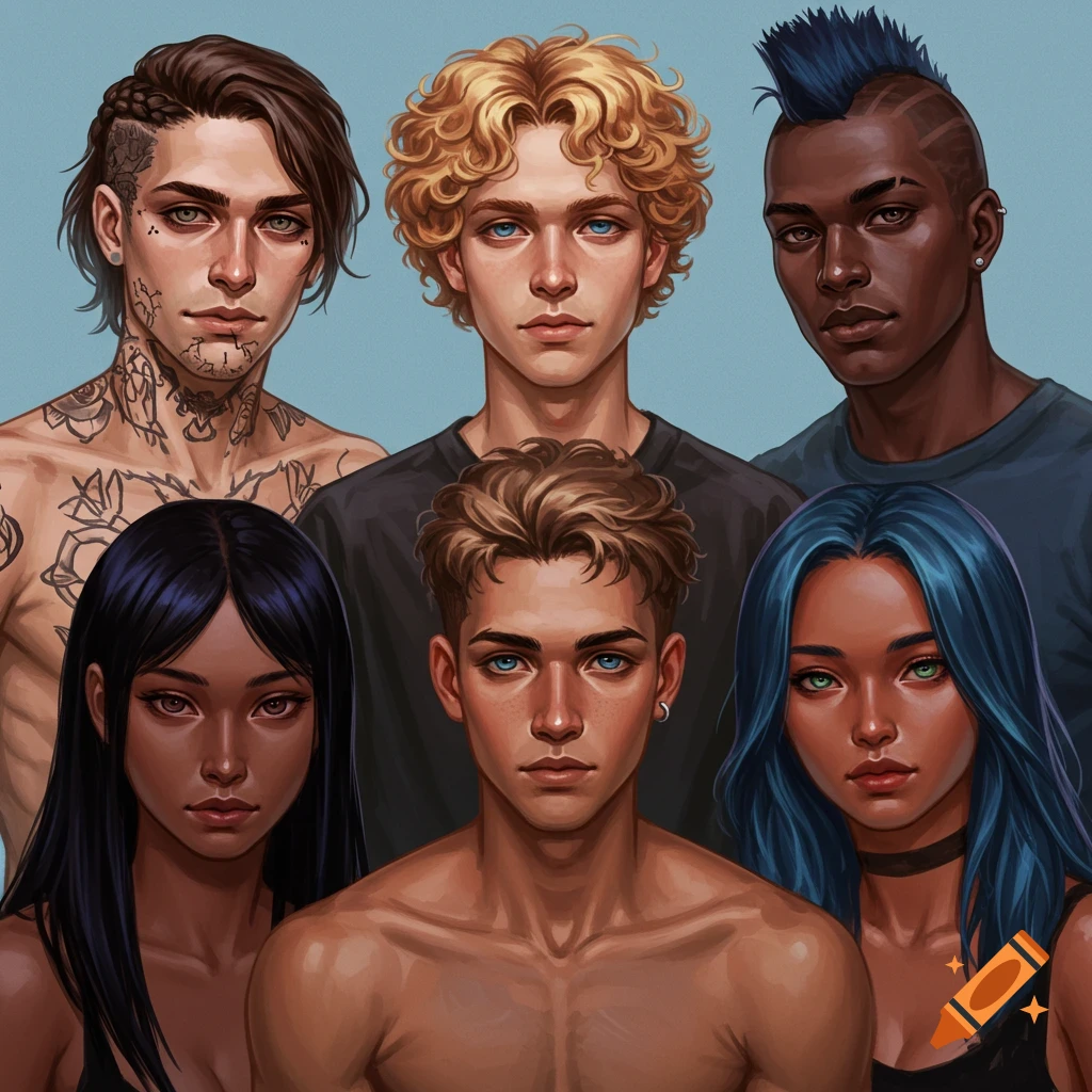 A group portrait in digital art style featuring six young people with diverse appearances against a blue background.