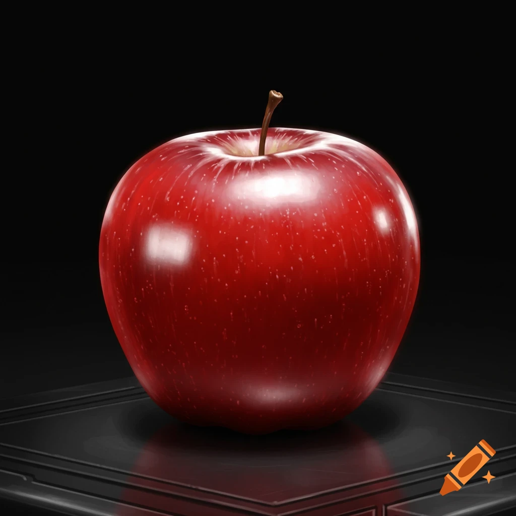 A shiny red apple sits on a dark surface.