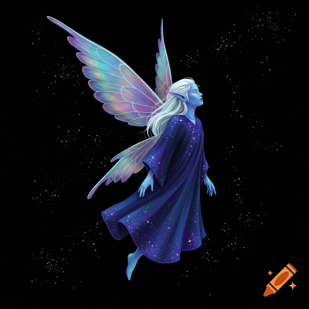 A blue-skinned fairy with iridescent wings floats in space among stars.
