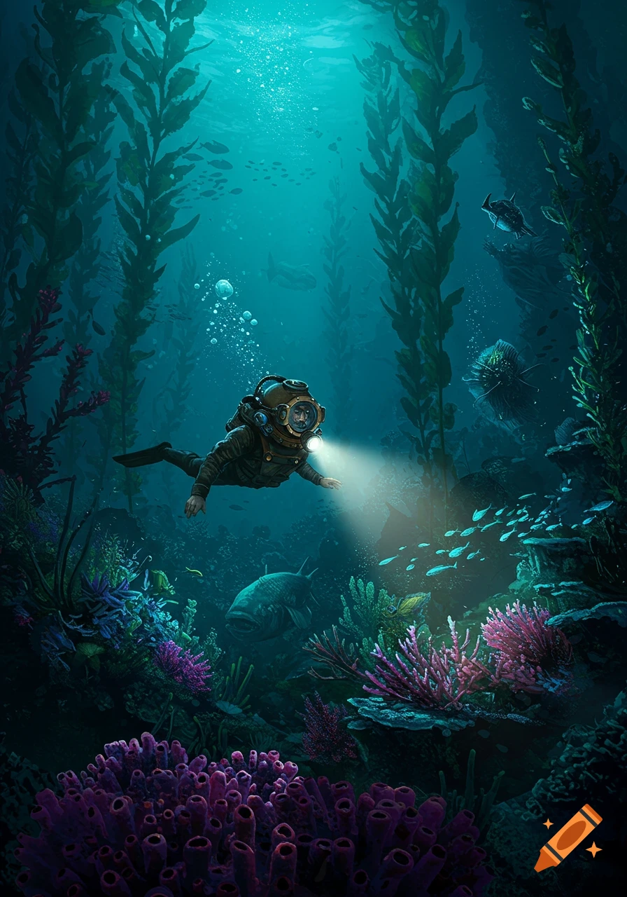 A vintage deep-sea diver exploring a vibrant underwater kelp forest and coral reef with a flashlight.