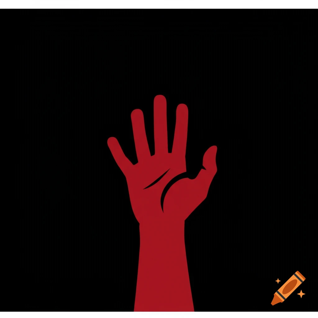 Minimalist illustration of a red hand against a black background.