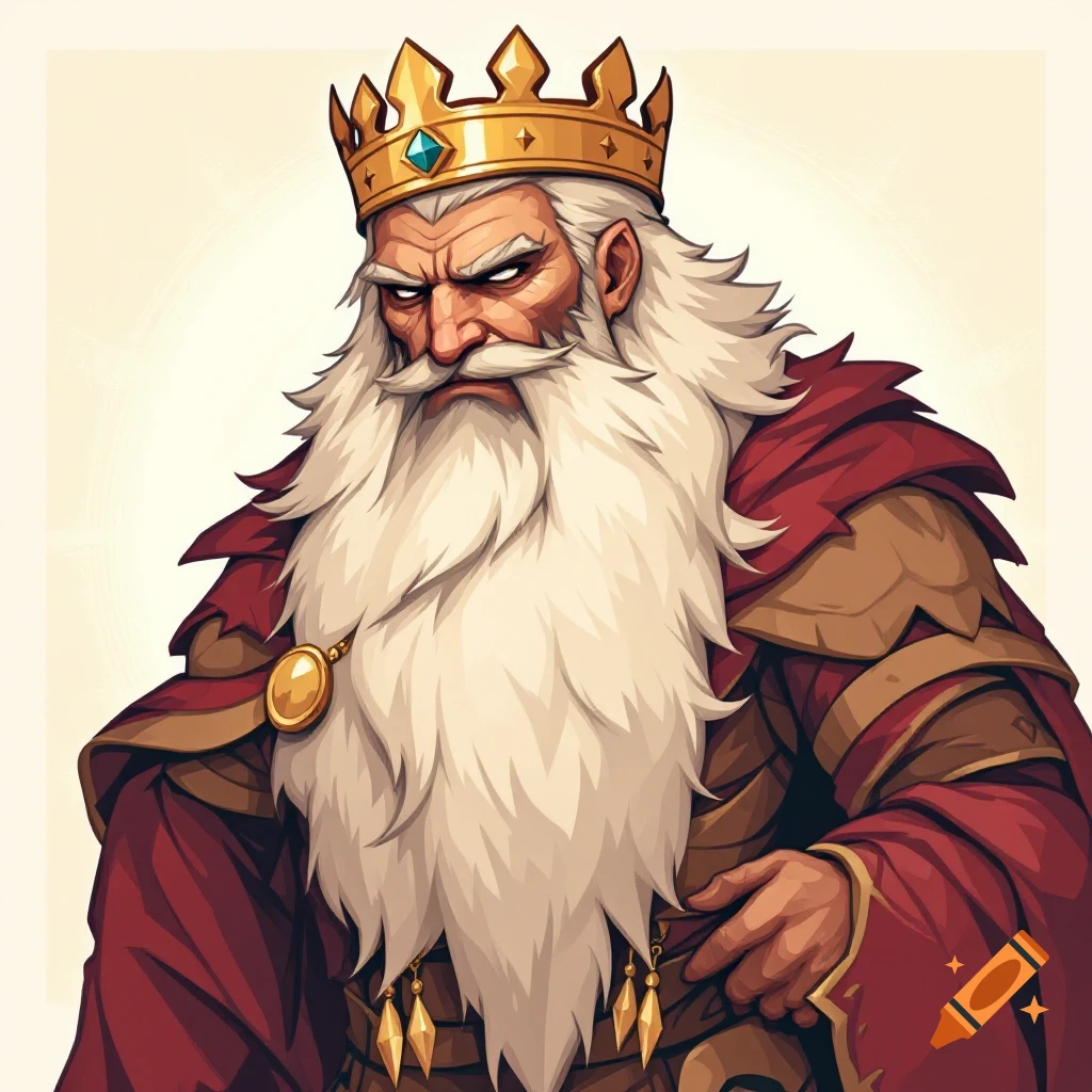 A stylized portrait of an old king with a long white beard and a golden crown.