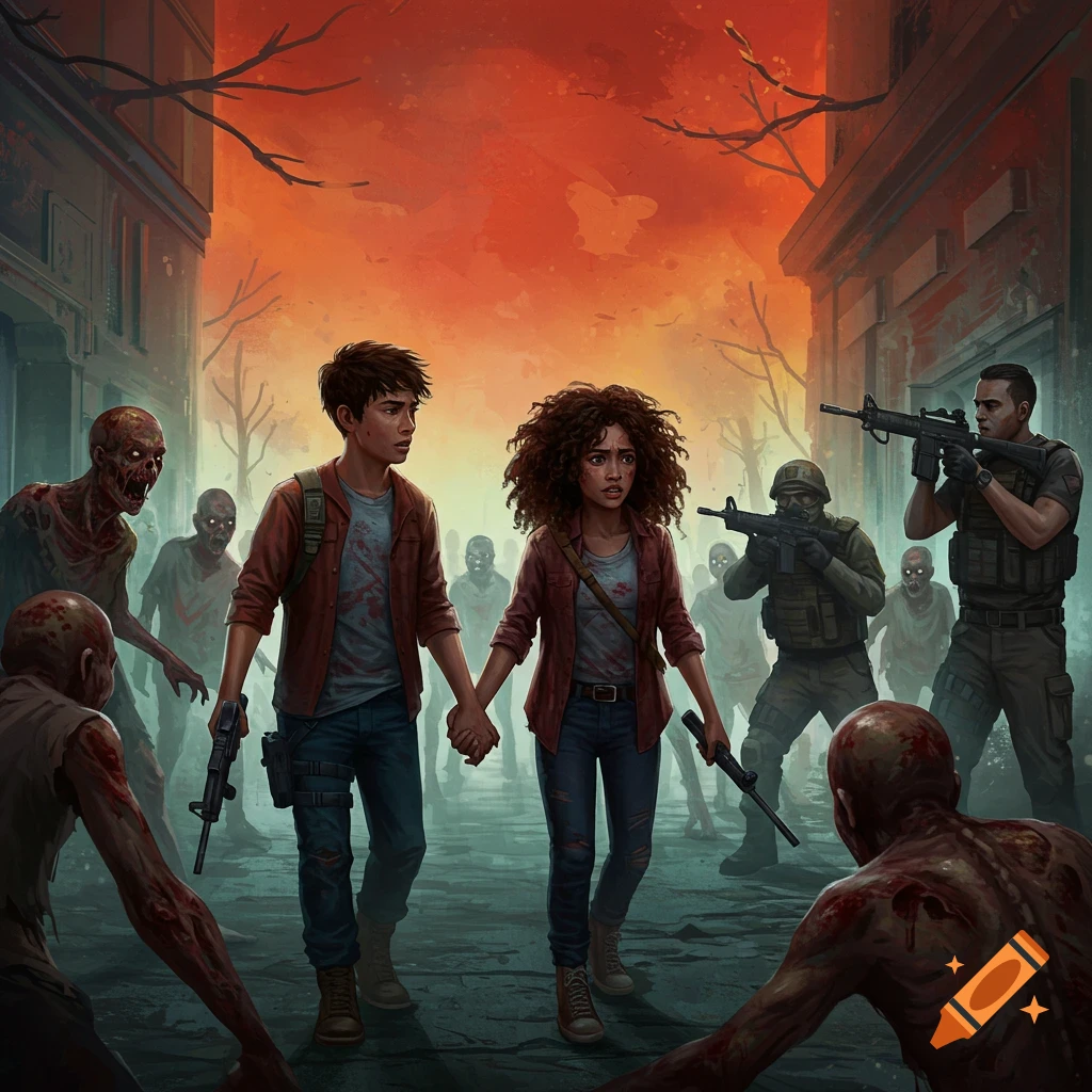 Two people holding hands, surrounded by zombies and soldiers with guns, in a ruined city under an orange sky.