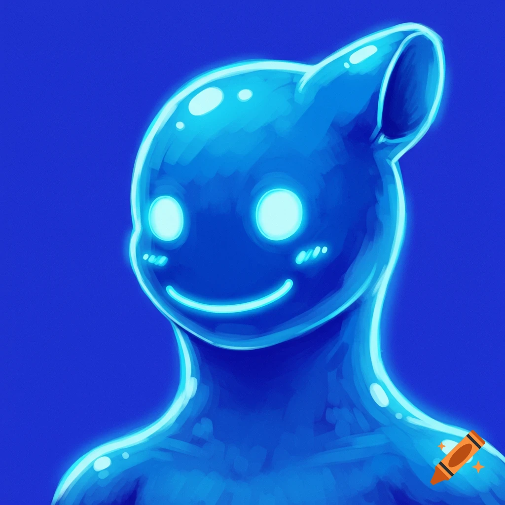 A blue glowing creature with bright eyes and a smile on a blue background.