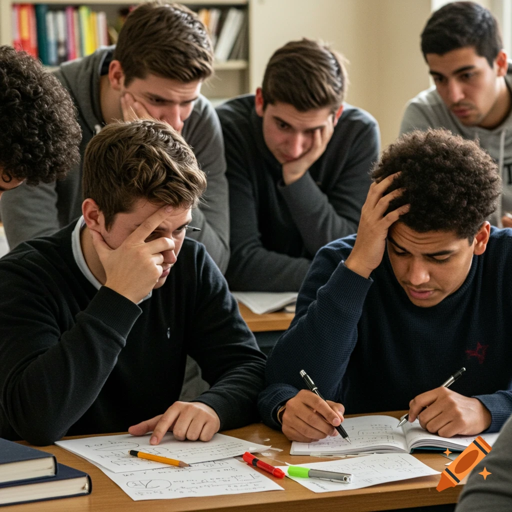 University students look doubtful while studying papers in a classroom.
