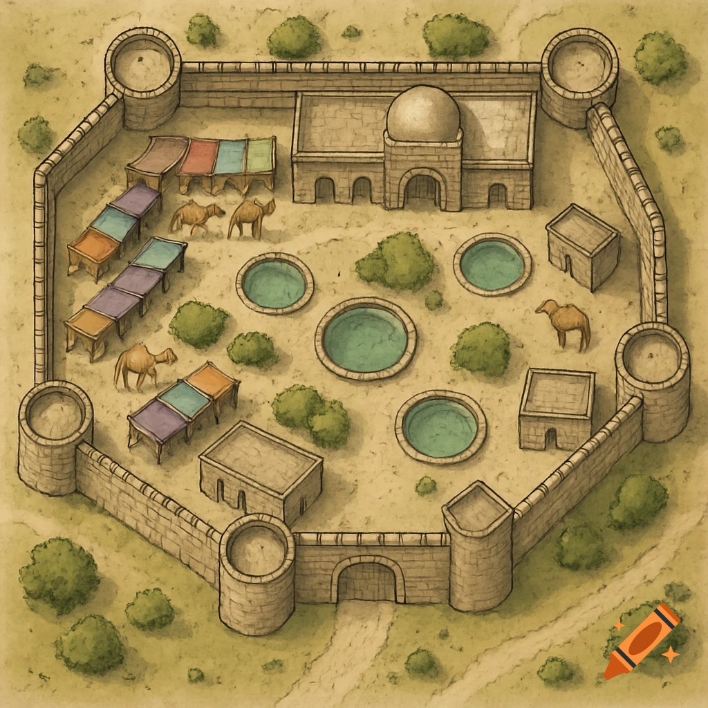 Overhead map illustration of a walled fantasy caravanserai with buildings, pools, camels, and market stalls.