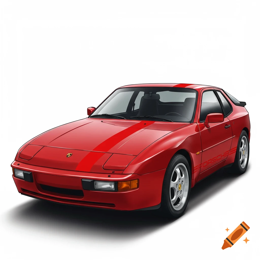 A red Porsche 944 with red racing stripes.
