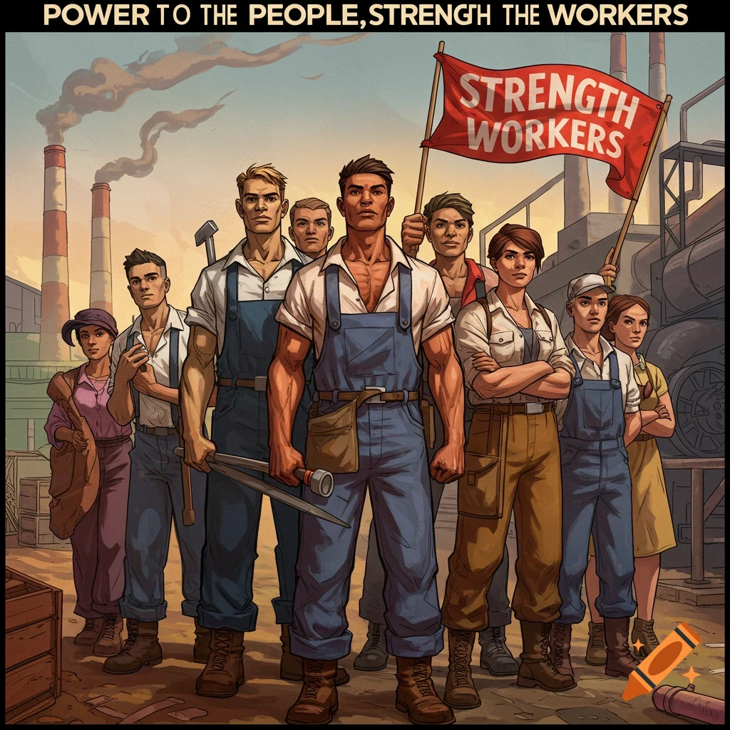 Diverse workers holding tools and a flag in front of a factory.