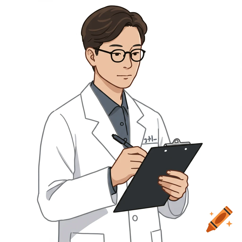 Illustration of a researcher in a lab coat writing on a clipboard.