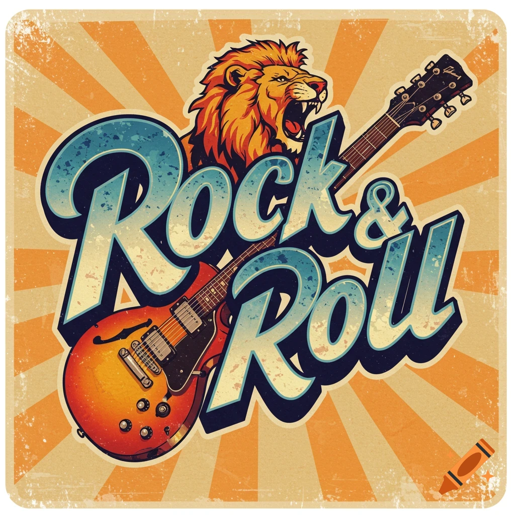 Vintage rock and roll band logo with text, a roaring lion, and an electric guitar on a sunburst background.