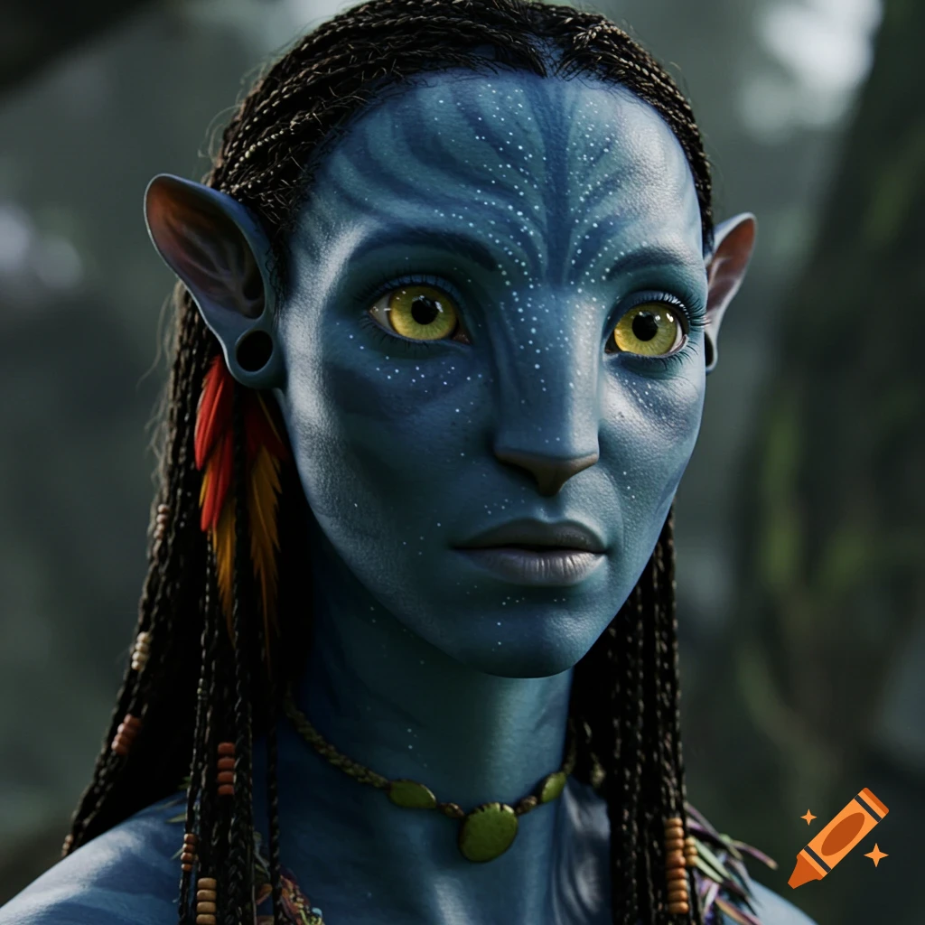 Photorealistic portrait of a blue Na'vi character with yellow eyes.