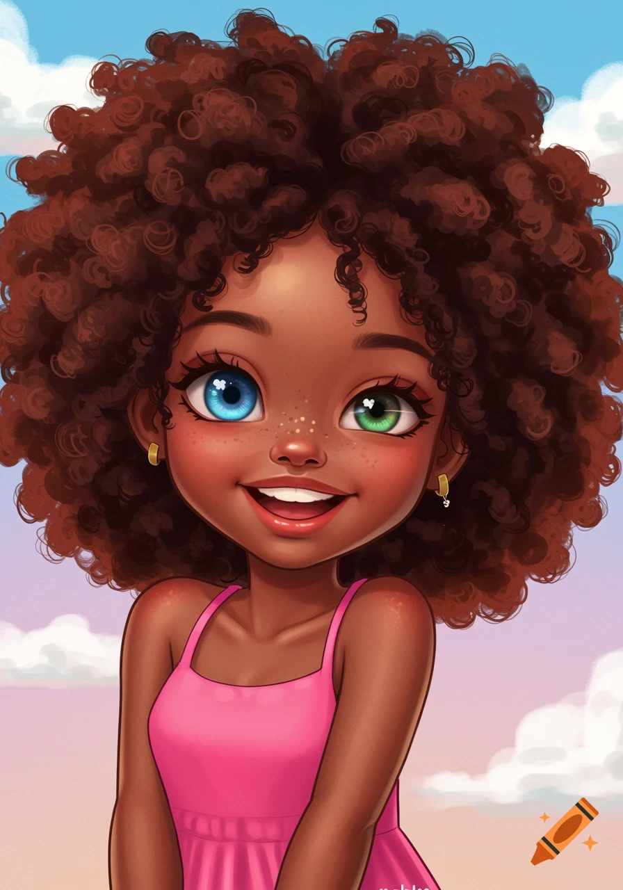 Cartoon portrait of a young Black girl with blue and green eyes, curly hair, in a pink dress.