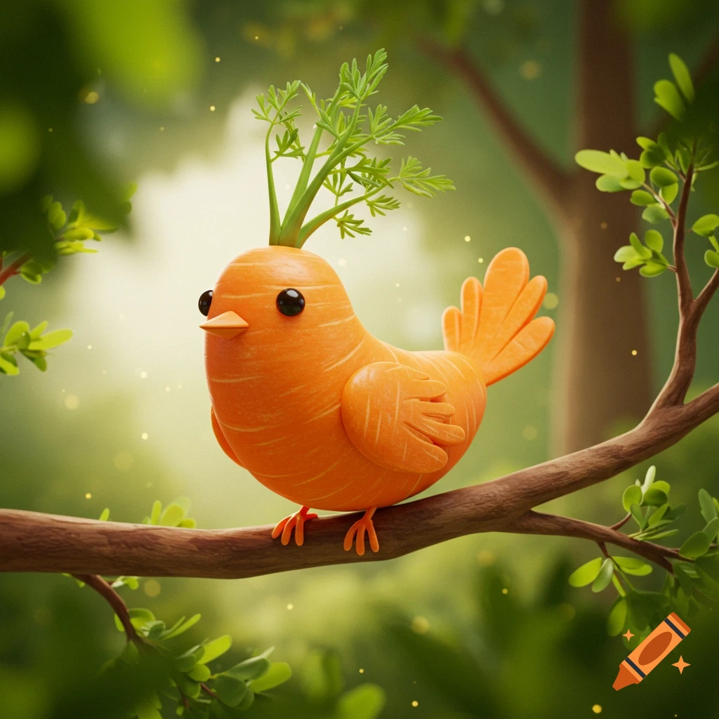 A cute 3D cartoon bird made from a carrot sits on a tree branch in a forest.