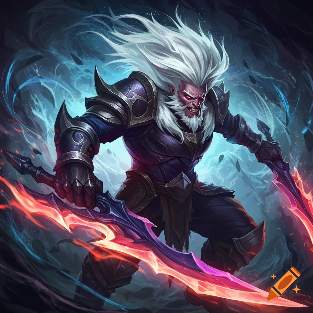 A fantasy warrior with white hair and beard in purple armor holds two glowing red swords in a dynamic pose.
