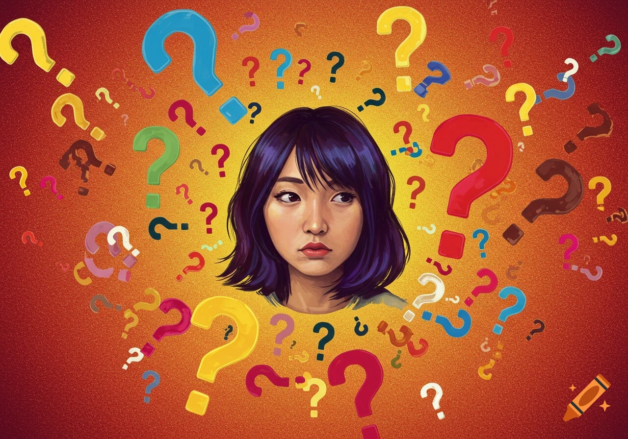 A woman surrounded by many colorful question marks.