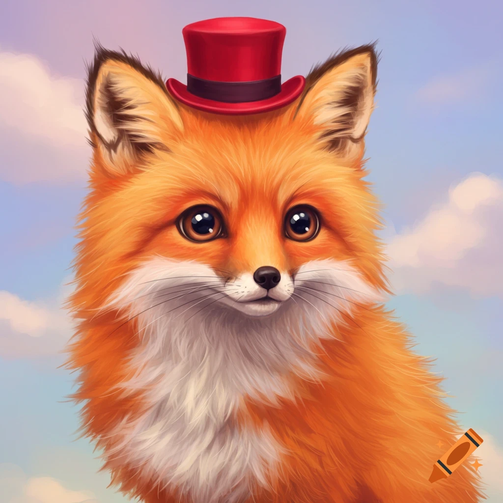 A cute fox wearing a red top hat against a cloudy sky.