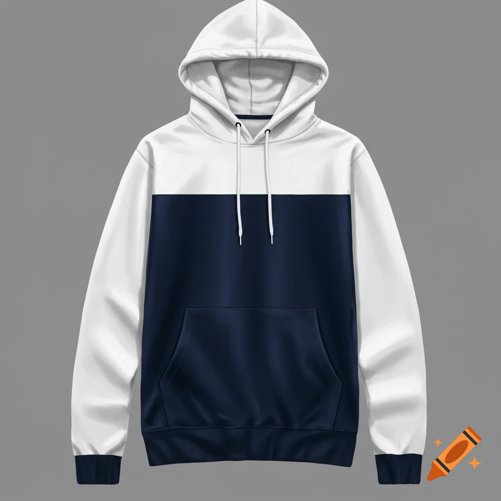 A white and navy blue hoodie is depicted.
