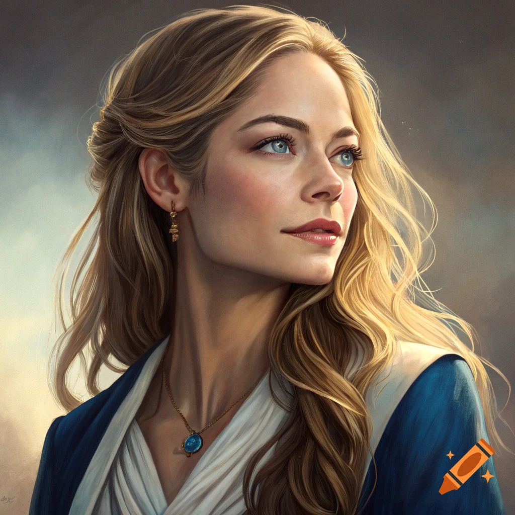 Painting of a blonde woman in a blue and white dress looking up and to the side.