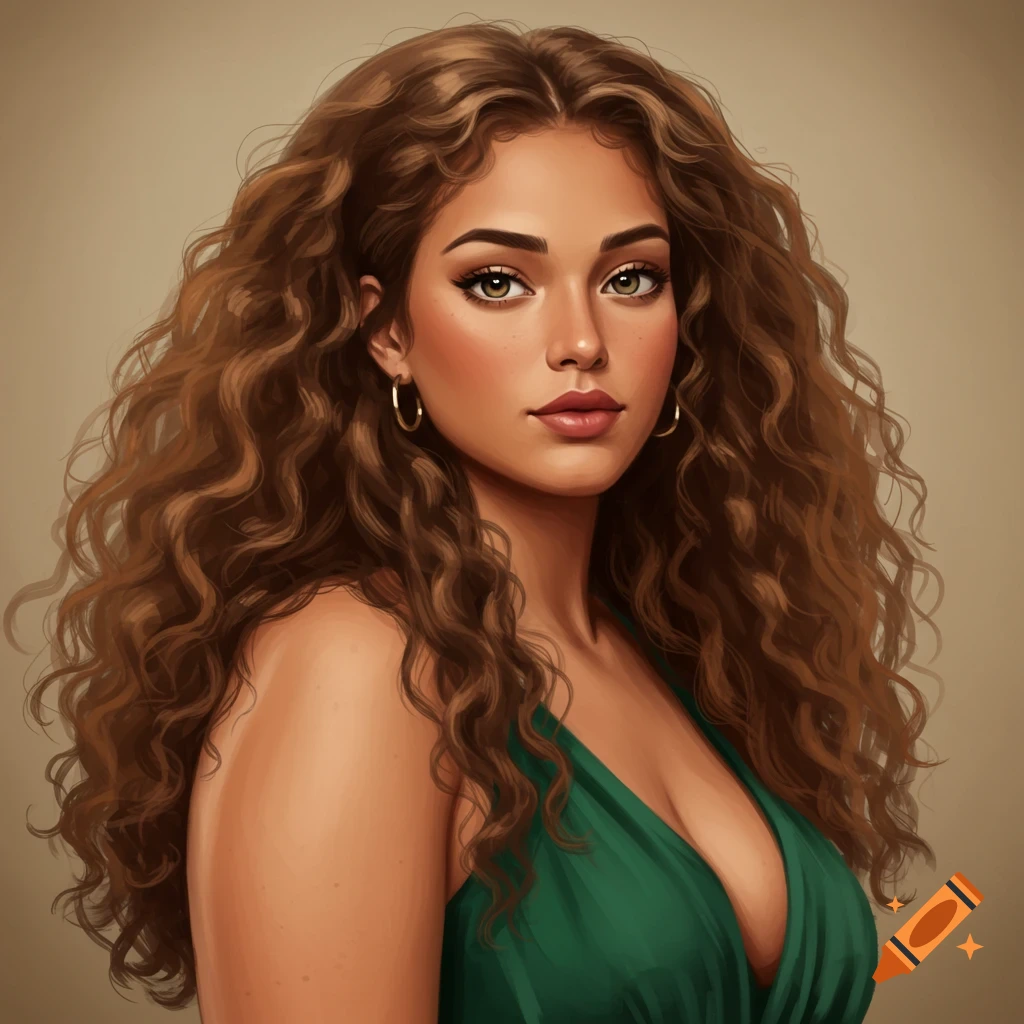 A woman with long curly brown hair and a green dress