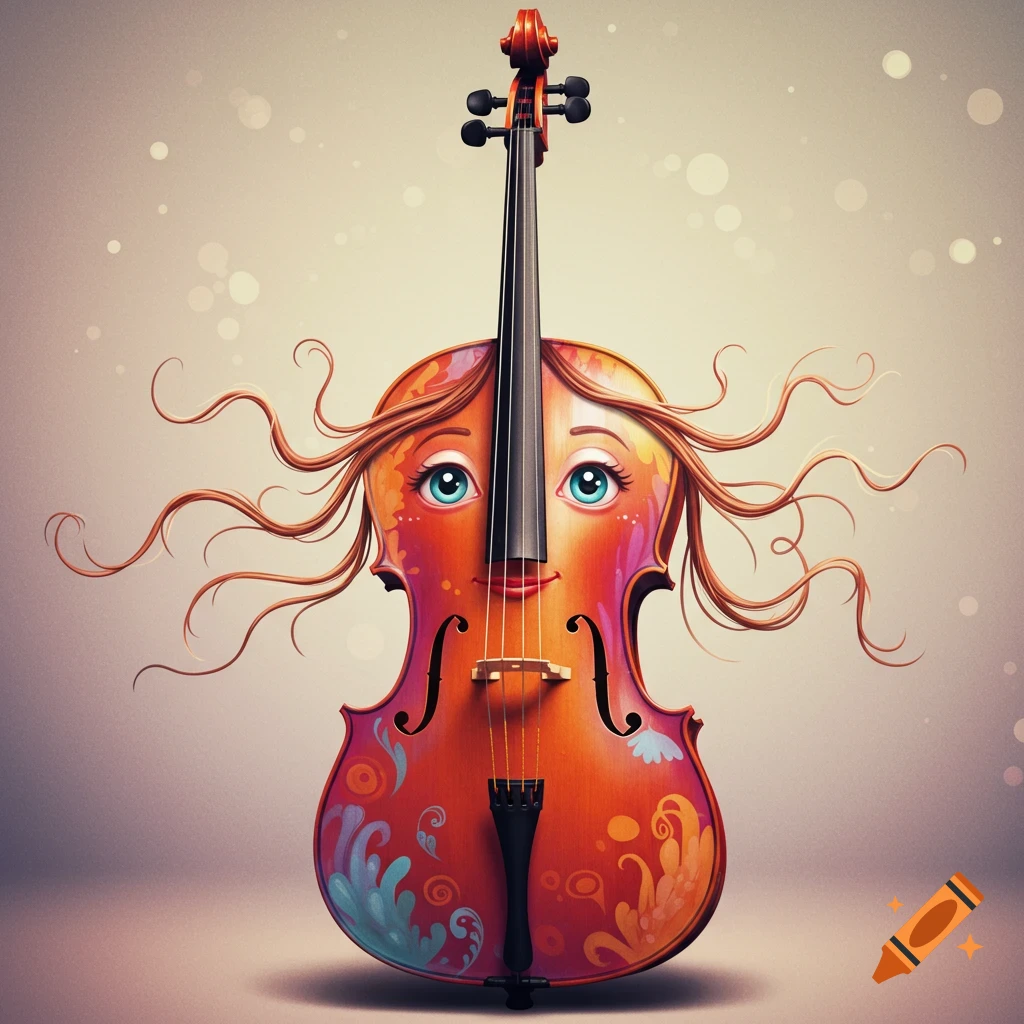 Painting of a cello with a cheerful face, blue eyes, hair-like strings, and colorful decorative patterns.