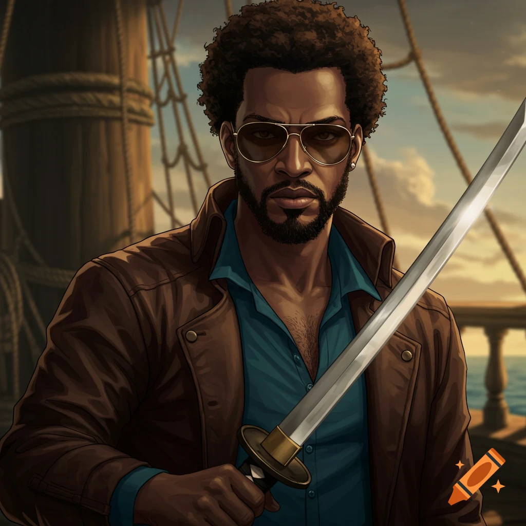 Anime style portrait of a man with sunglasses and a sword on a pirate ship.