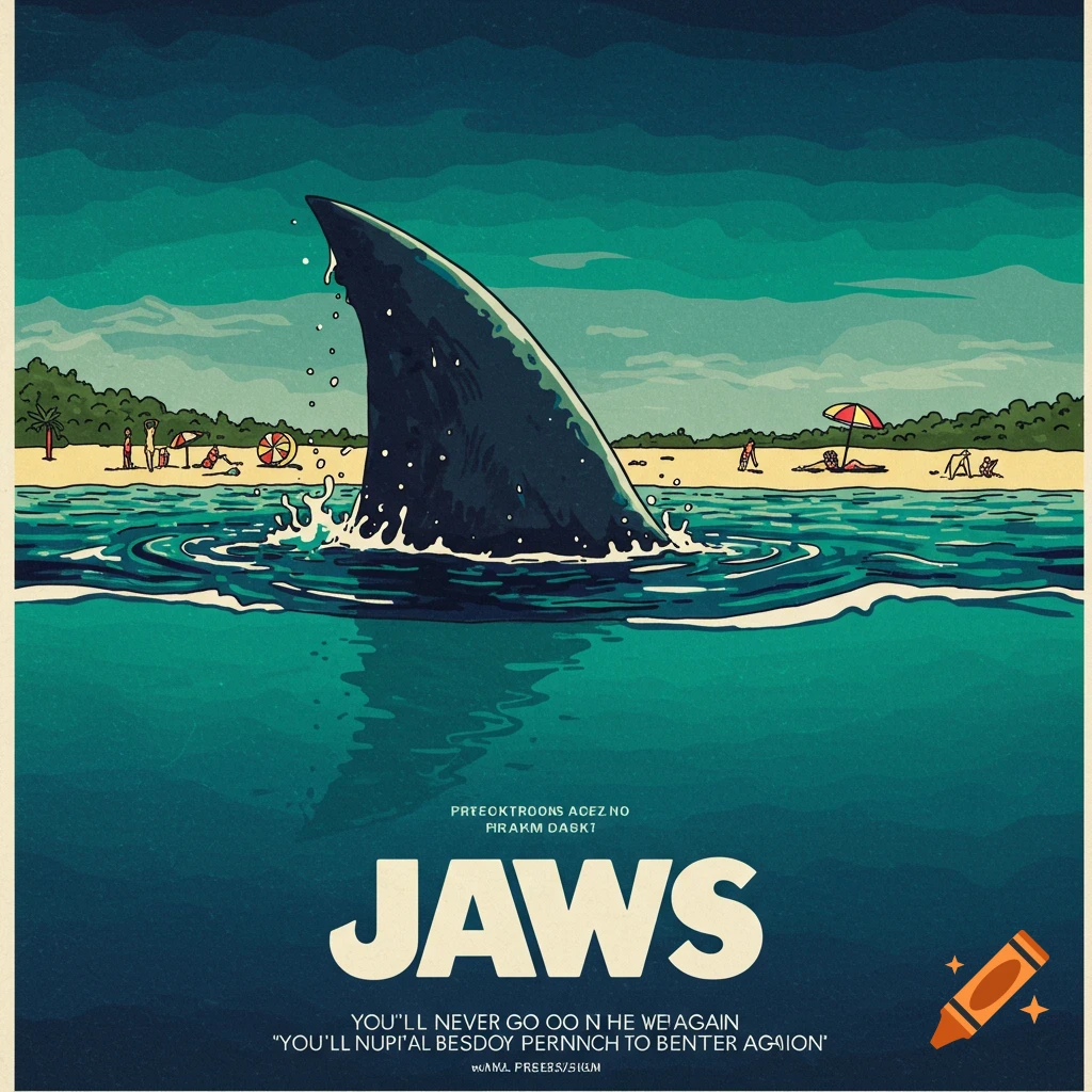 Sketch of the Jaws movie poster showing a shark fin in the water near a beach with people.