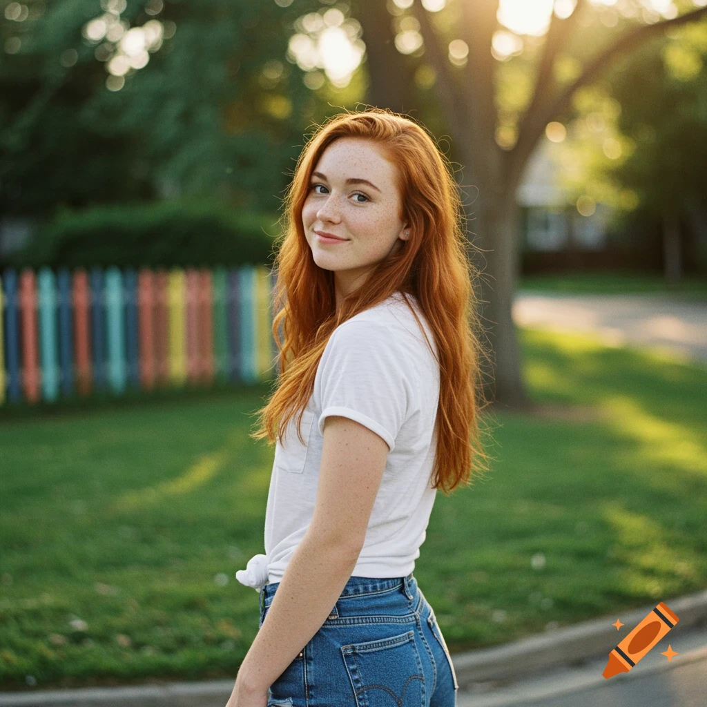A young woman with red hair and freckles smiles, looking over her shoulder while standing outdoors near a colorful fence.