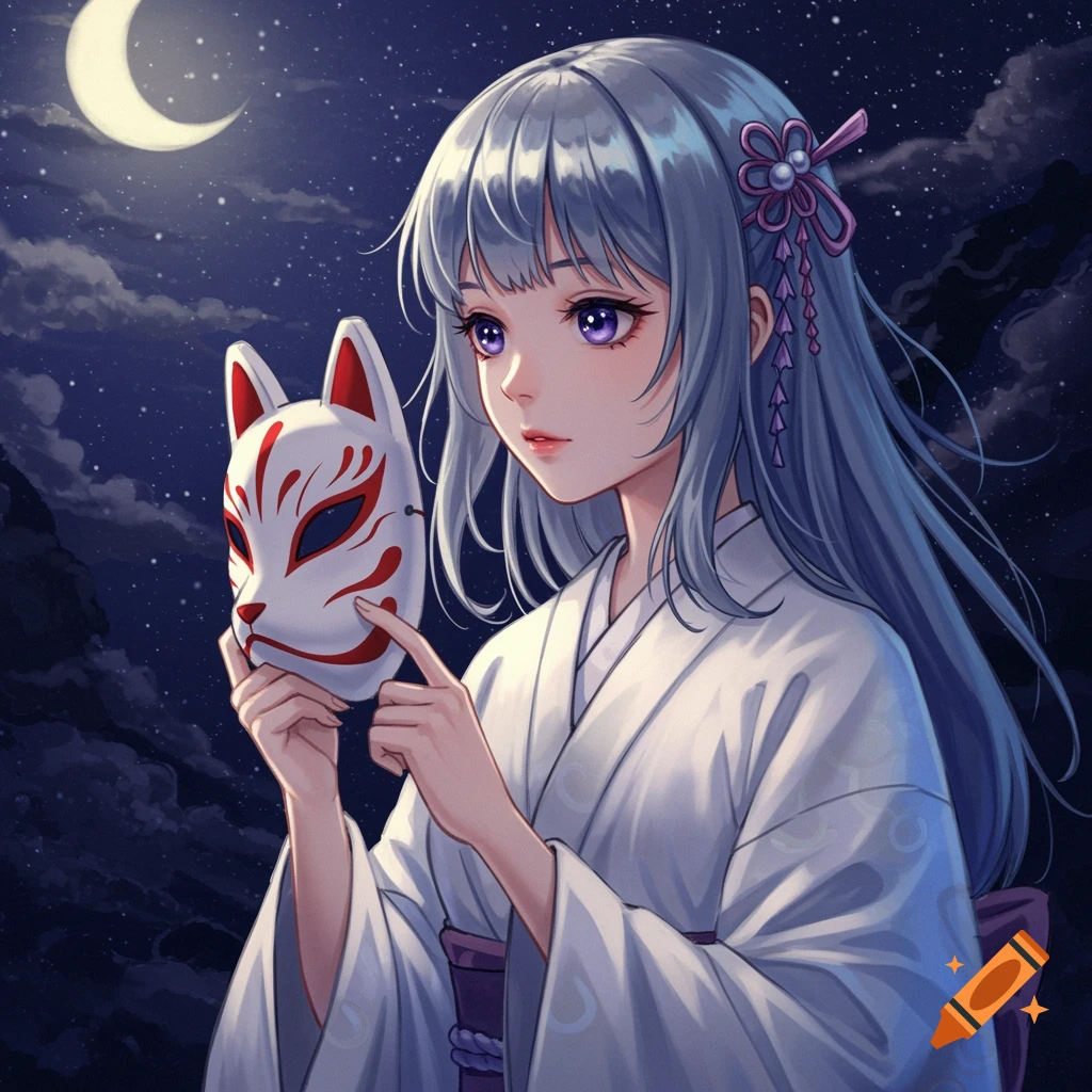 Anime girl in white kimono holding fox mask under moonlight