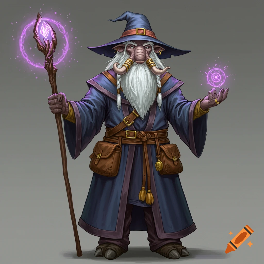 An elephantine creature in wizard robes holding a glowing staff.