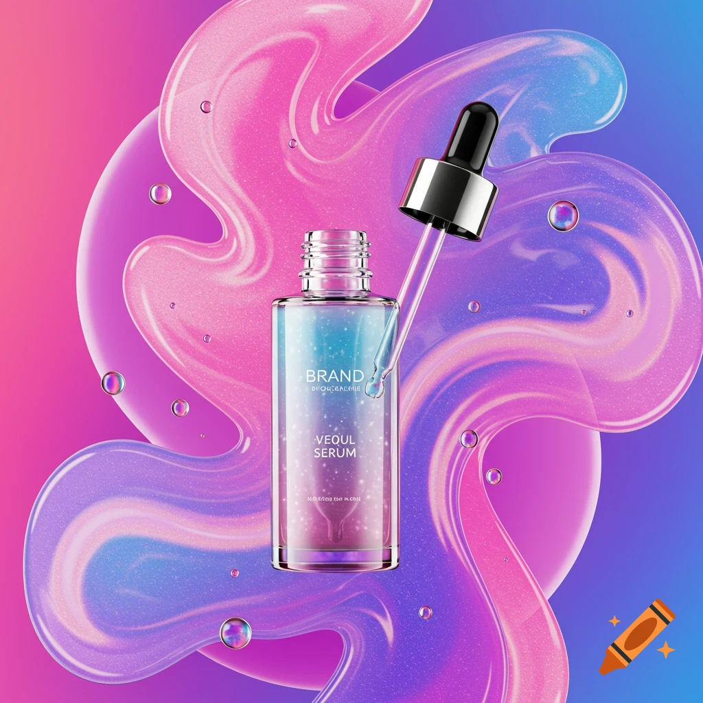A bottle of face serum with a dropper stands against a backdrop of swirling pink and purple liquid and bubbles.