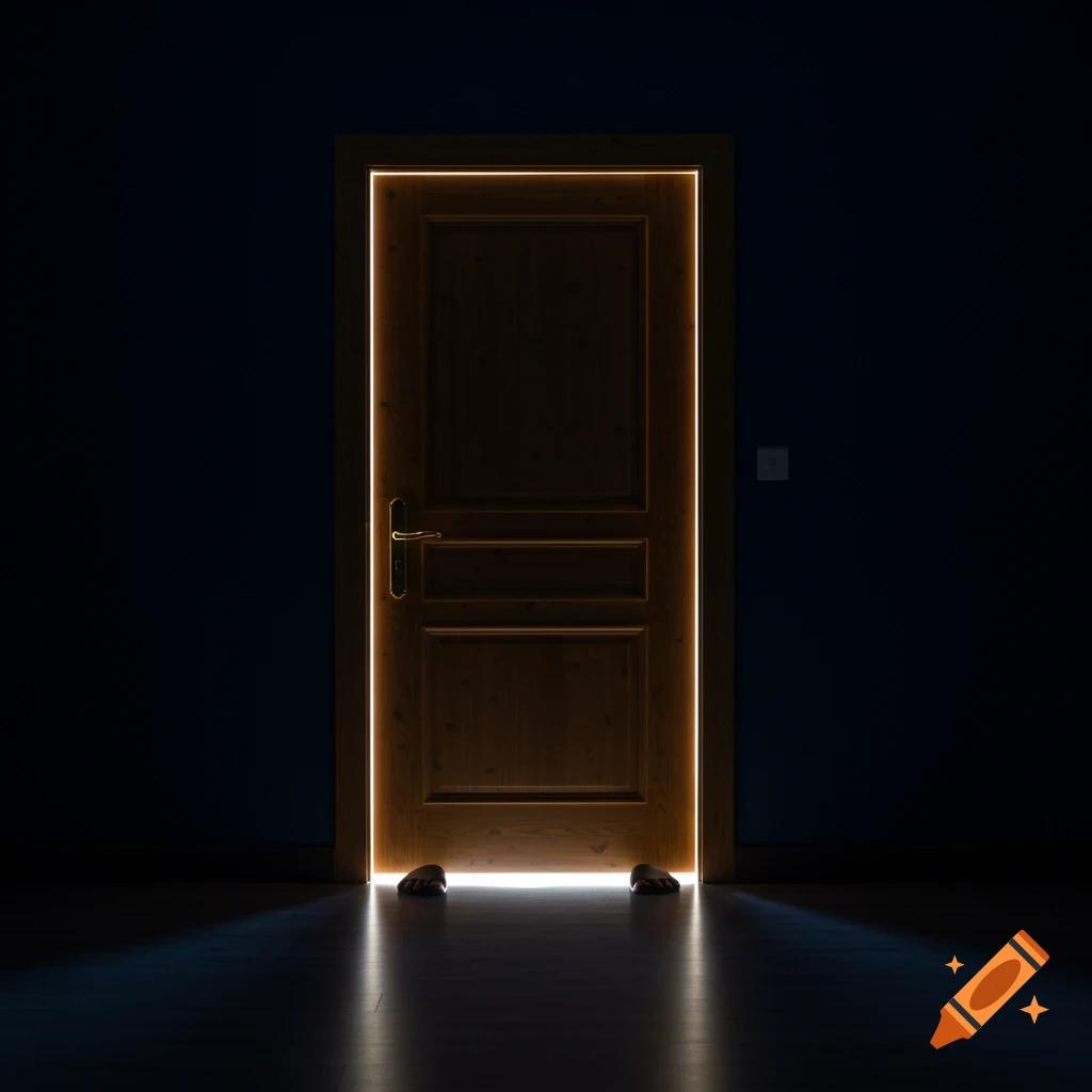 A dark room with a wooden door framed by light. Feet block light under the door.