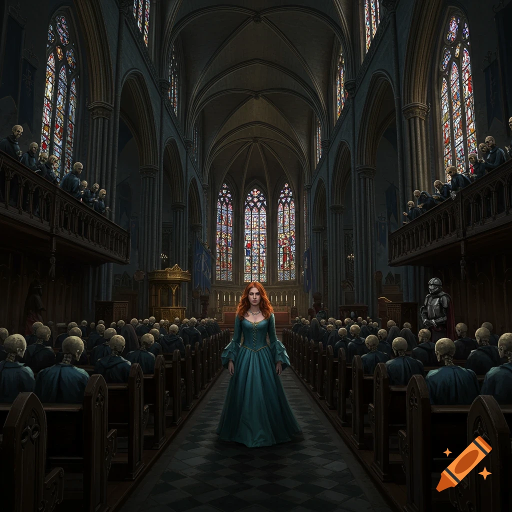 A woman in a blue dress walks down the aisle of a dark gothic cathedral filled with skeleton-faced figures, detailed stained glass windows.