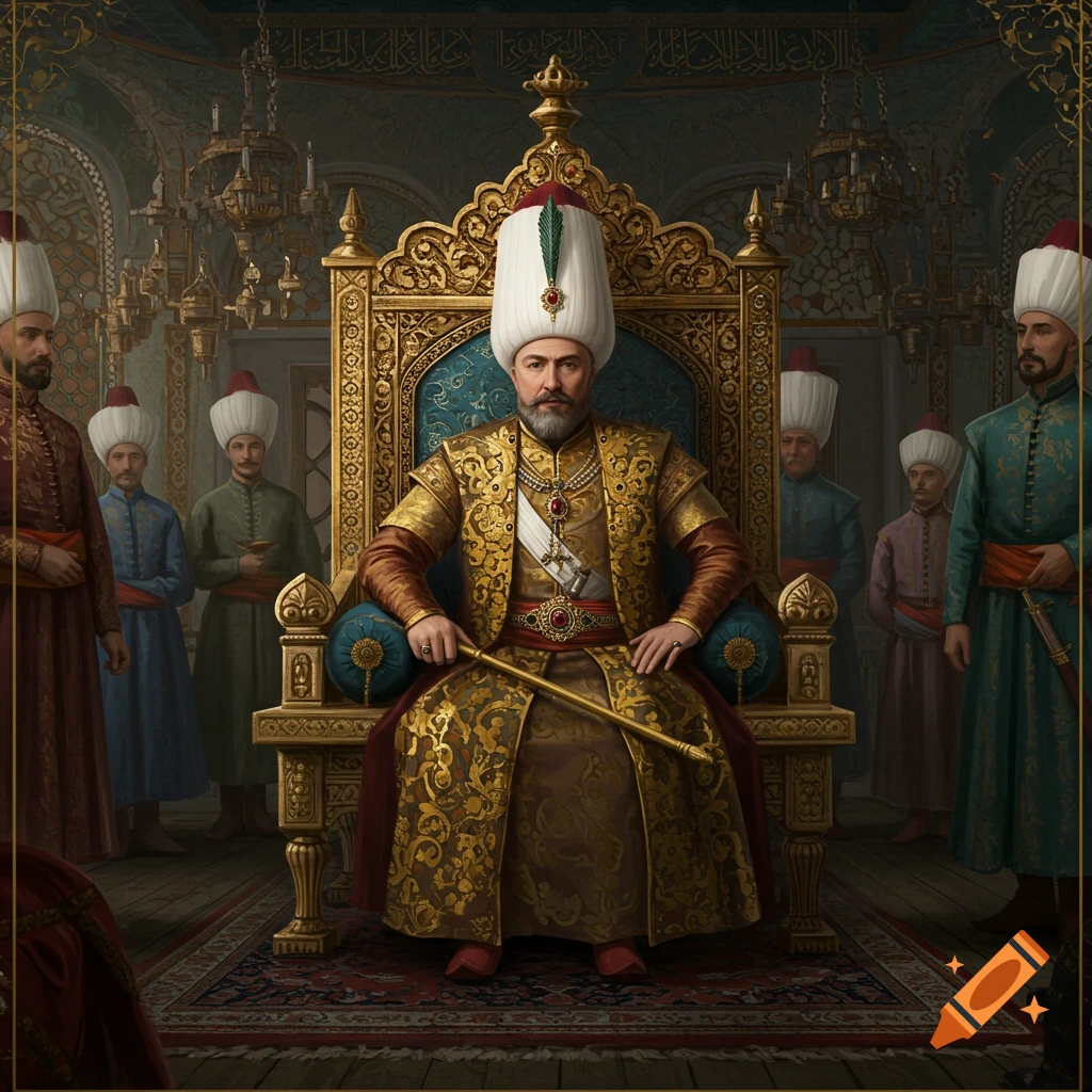 A monarch in elaborate gold clothing sits on a grand throne in a regal hall, surrounded by attendants.