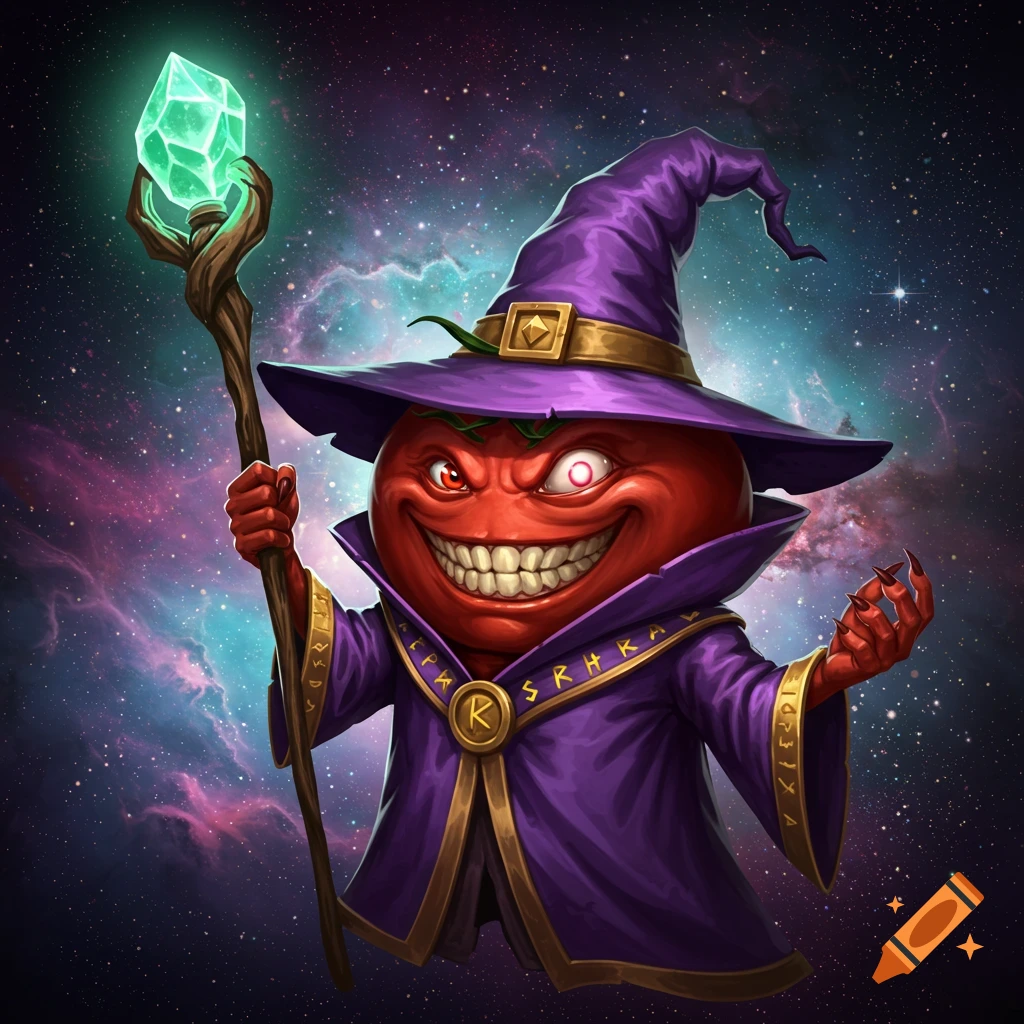 An evil tomato wizard holding a staff in space.