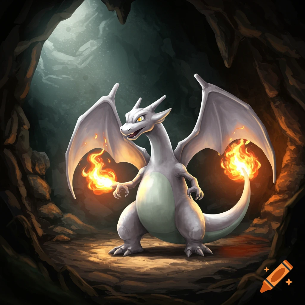 A white Charizard stands in a dimly lit cave, holding flames in its hands and on its tail.