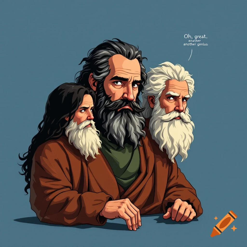 Illustration of three men with beards, one saying 'Oh, great. another another genius' in a chat bubble.