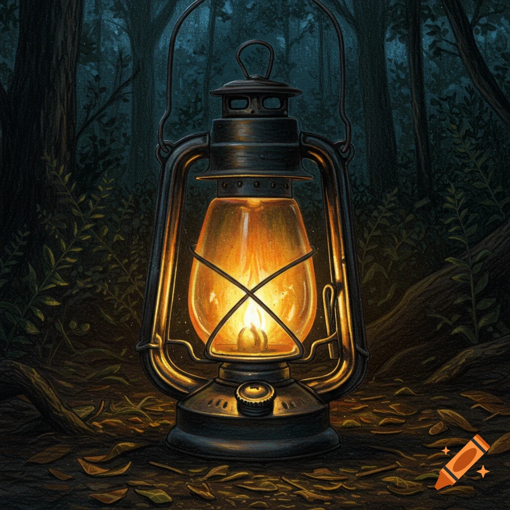 A glowing lantern sits on the forest floor in a dark forest.