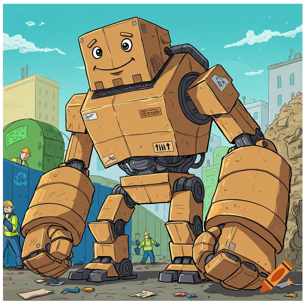 A giant cartoon robot made of cardboard stands in a cluttered urban area with small human workers near bins.