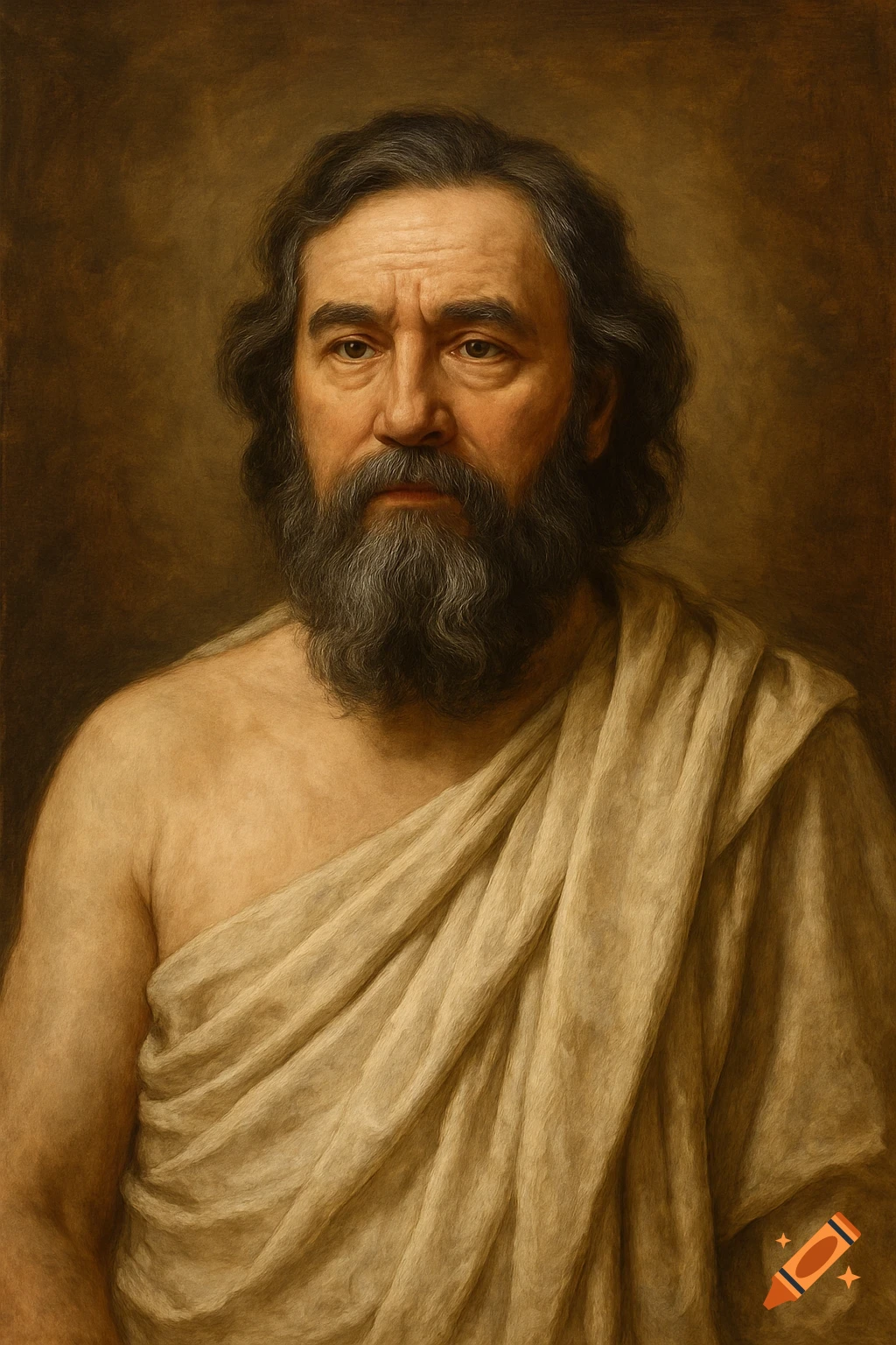 A man with a beard wearing a toga, resembling a Greek philosopher.