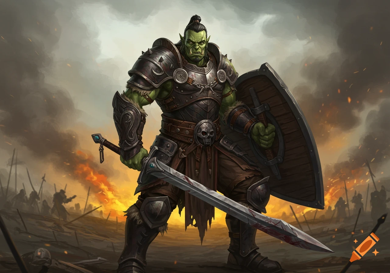 A male orc warrior in armor holding a sword and shield on a battlefield.